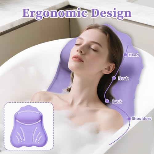 Jalopink Luxury Silicone Bath Pillow for Tub, New Cloud-Soft 4D Air-Cushion Bathtub Pillow for Head and Neck & Back Support, Strong Suction Cups, Waterproof Quick-Dry Bathtub Headrest (Purple) - Image 2