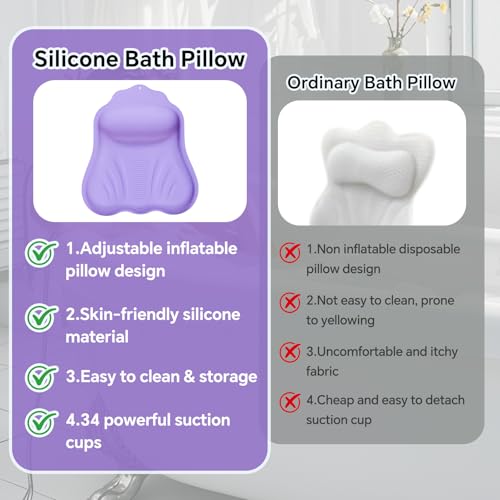 Jalopink Luxury Silicone Bath Pillow for Tub, New Cloud-Soft 4D Air-Cushion Bathtub Pillow for Head and Neck & Back Support, Strong Suction Cups, Waterproof Quick-Dry Bathtub Headrest (Purple) - Image 5