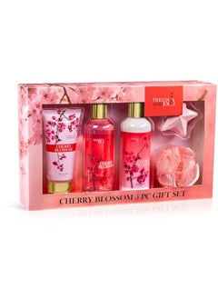 Freida and Joe Bath and Body Gift Basket For Women  5 Piece Set of Cherry Blossom Bath  Body Collection Gift Box Includes Shower Gel Body Lotion Body Scrub Bath Bomb  Sponge  Appreciation Gift Ideas 