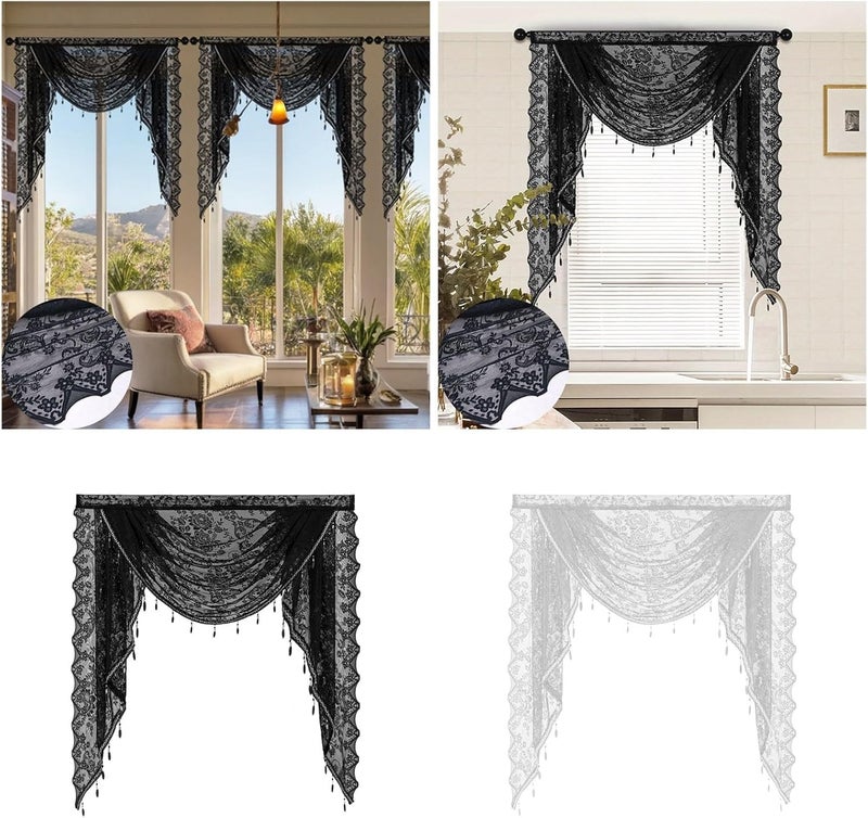 Elegant Laces Waterfalls Valance with Beadeds Tassels and Florals Embroidery for Bedroom Living Room Kitchen Basement Elegant Laces Window Valance - Image 2