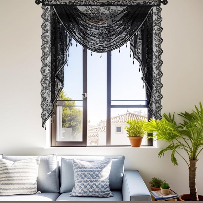 Elegant Laces Waterfalls Valance with Beadeds Tassels and Florals Embroidery for Bedroom Living Room Kitchen Basement Elegant Laces Window Valance - Image 5