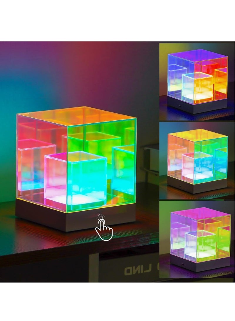 KASTWAVE مصباح لامع أكريليك على شكل مكعب ثلاثي الأبعاد، مصباح طاولة جانبية لغرفة النوم، مصباح لمسي يتغير لونه، ضوء تخييم، ضوء ليلي حديث متعدد الألوان قابل لإعادة الشحن لغرفة النوم وغرفة المعيشة، إضاءة مبدعة لزينة حفلات العشاء - Image 1