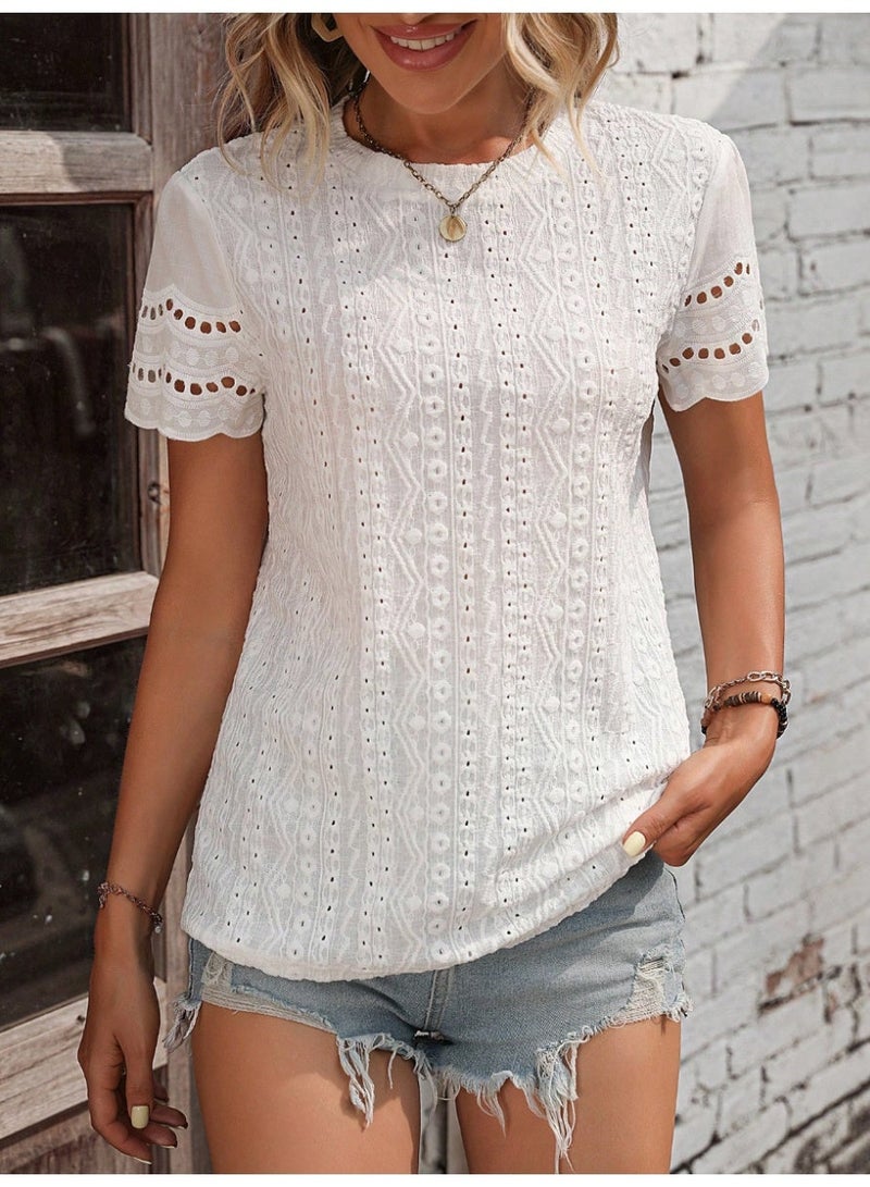 SHEIN Embroidery Scallop Trim Tee - Image 4