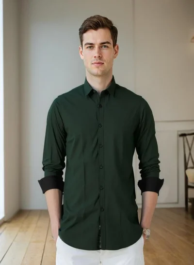 Dennis Lingo Men's Bottle Green Cotton Blend Solid Button Down Regular Fit Shirt