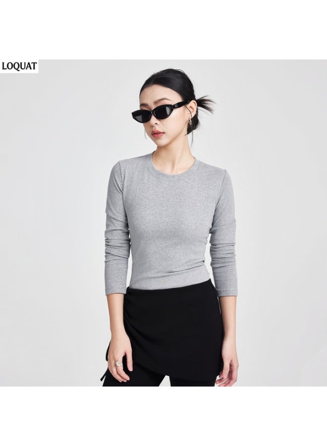 Loquat Women's Round Neck Slim-Fit Long-Sleeved T-Shirt , Slightly Cinched Waist Straight-Shoulder Base Layer Top, Breathable Soft Cotton Blend Casual Top for Commuting Work Dating, Heather Grey - Image 1