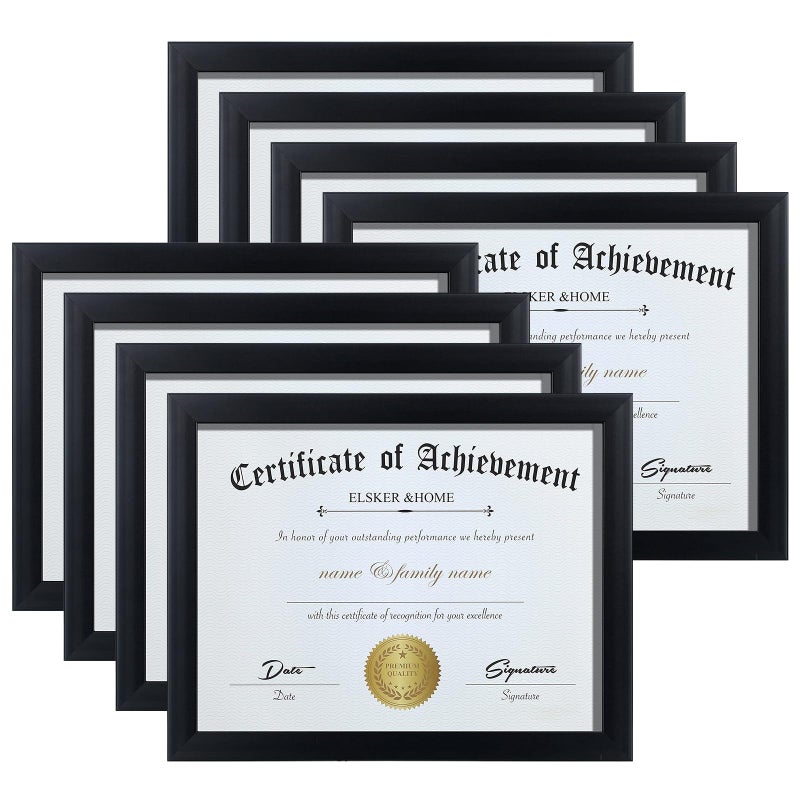 ELSKERHOME 85 x 11 Picture Frame  Black Sturdy Wood Composite Certificate Frame 8 Pack  SemiTempered Glass  Includes Hanging Hardware and Desktop Easel  for DocumentDiploma Frame 8 Pack