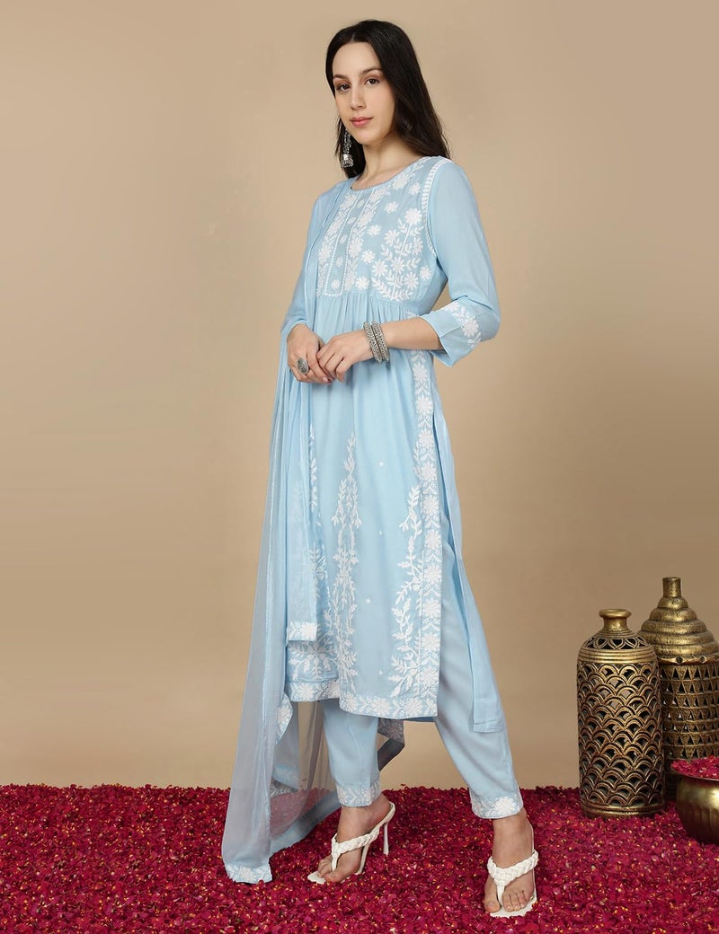 Kaari Women's Chikankari Kurta Set with Dupatta - A-line Fit | Chiffon Dupatta with Embroidered Band | Straight Pant with Side Pocket | Kurta Set for Women - Image 3