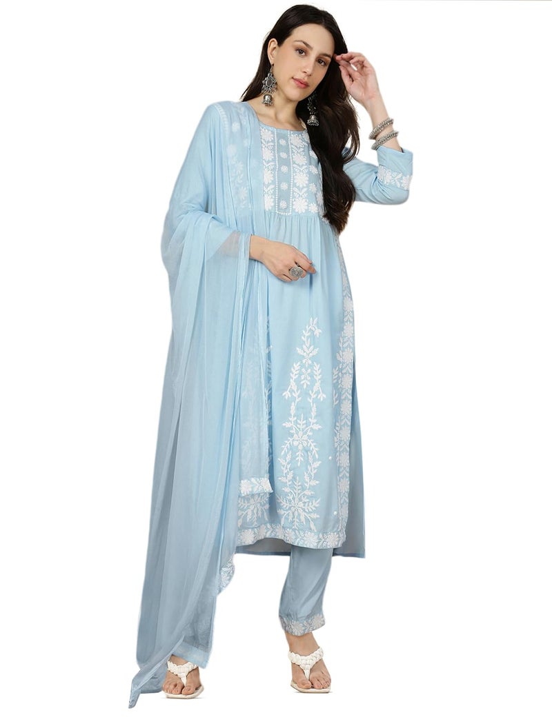 Kaari Women's Chikankari Kurta Set with Dupatta - A-line Fit | Chiffon Dupatta with Embroidered Band | Straight Pant with Side Pocket | Kurta Set for Women - Image 5