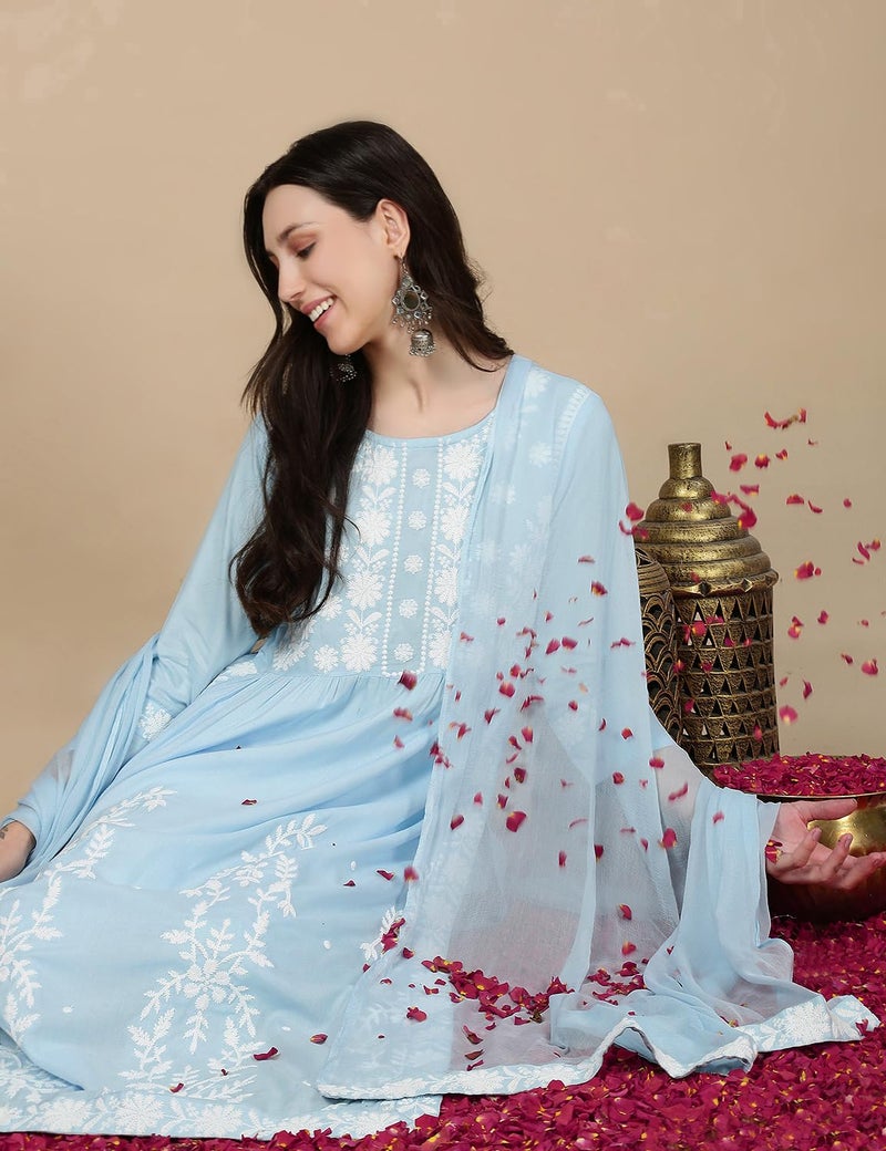 Kaari Women's Chikankari Kurta Set with Dupatta - A-line Fit | Chiffon Dupatta with Embroidered Band | Straight Pant with Side Pocket | Kurta Set for Women - Image 2