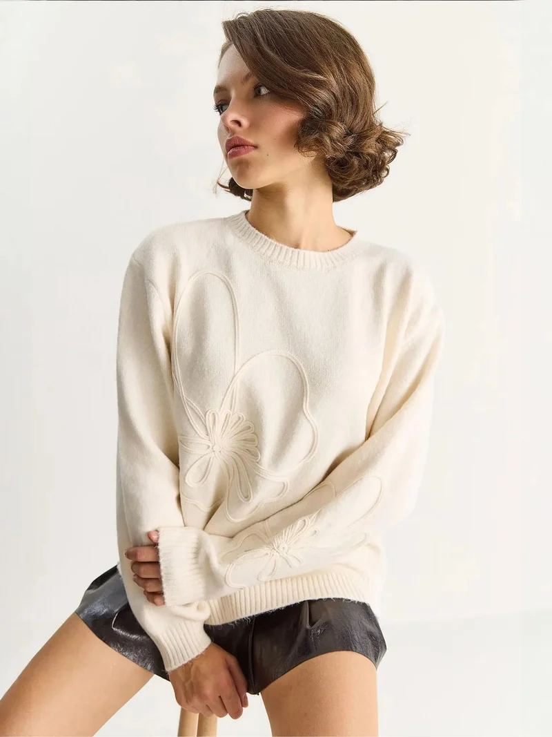Bianco Lucci Cream Natural LUCCI Crew Neck Embroidered Knit Sweater for Women | Best Price UAE