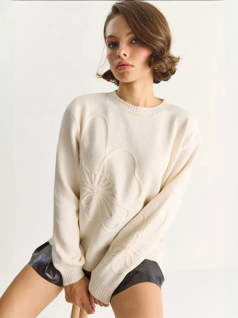 Bianco Lucci Cream Natural LUCCI Crew Neck Embroidered Knit Sweater for Women | Best Price UAE