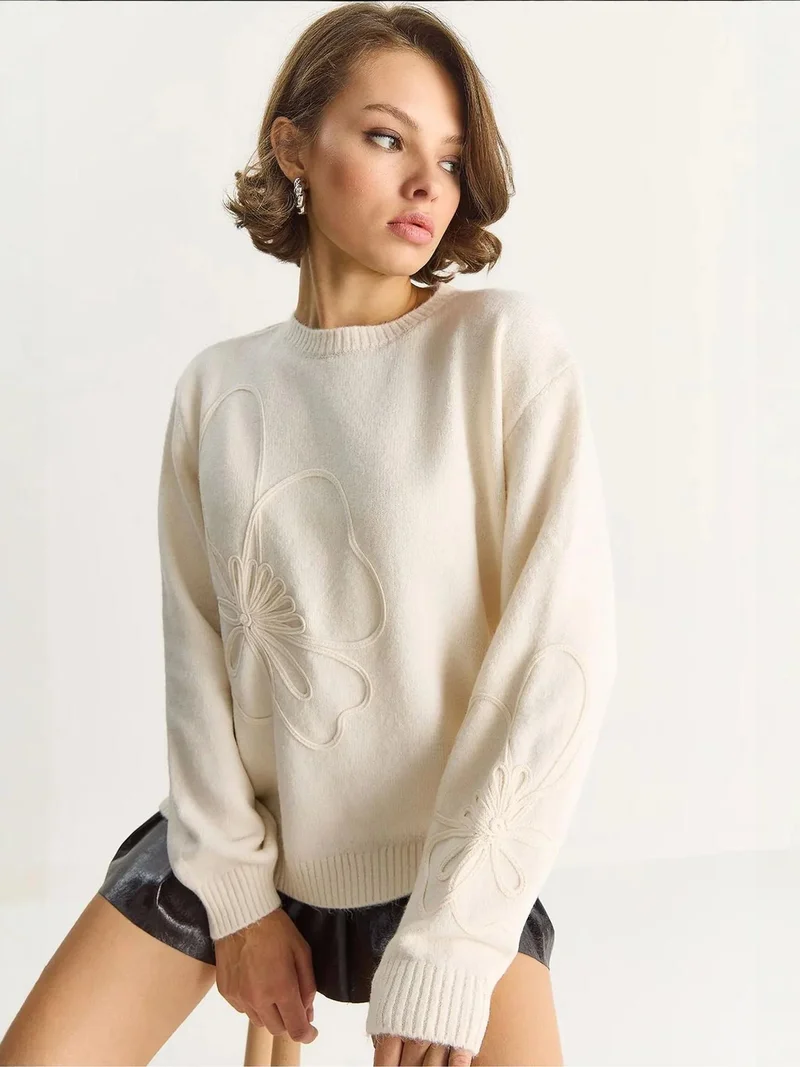 Bianco Lucci Cream Natural LUCCI Crew Neck Embroidered Knit Sweater for Women | Best Price UAE