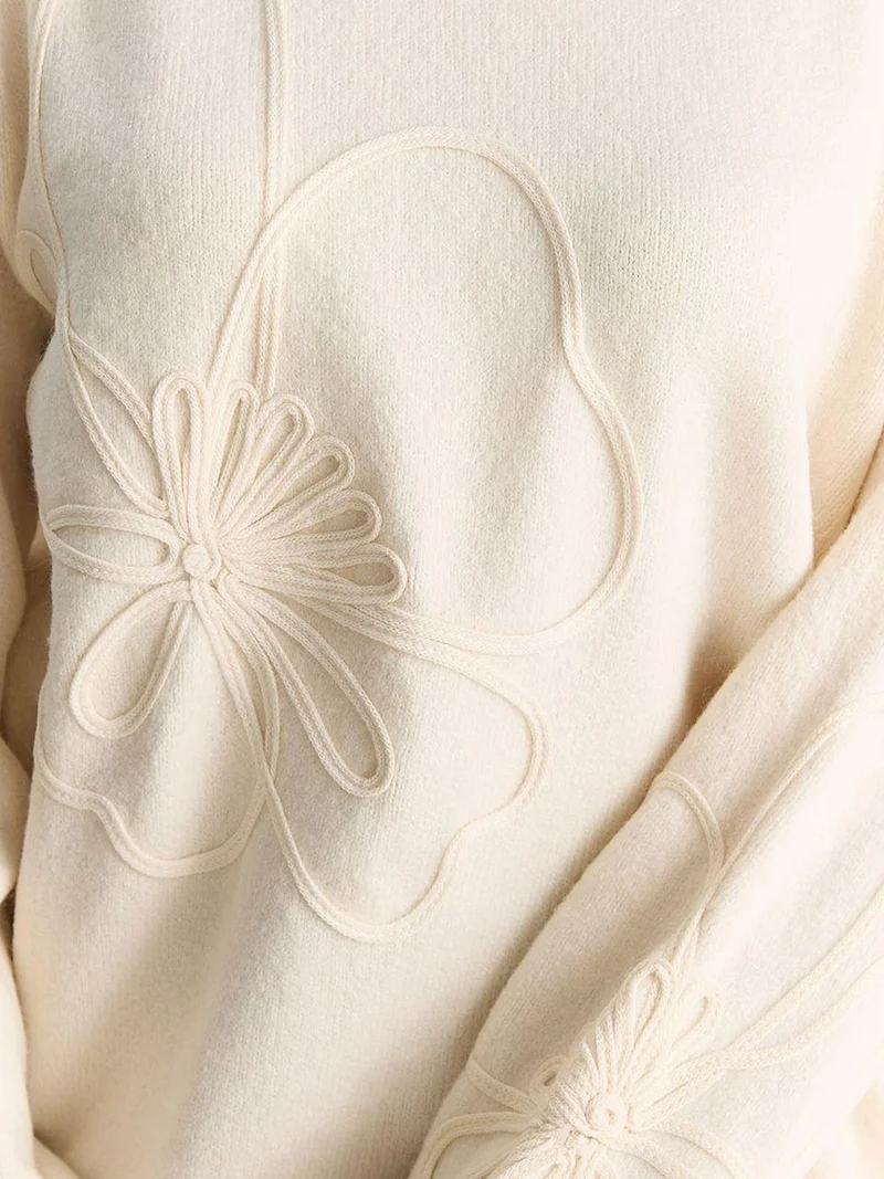 Bianco Lucci Cream Natural LUCCI Crew Neck Embroidered Knit Sweater for Women | Best Price UAE