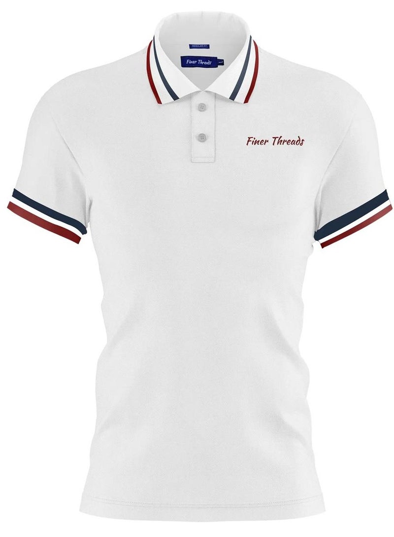 قميص بولو رجالي أبيض بياقة متباينة وخطوط رفيعة - مقاس عادي (2XL)