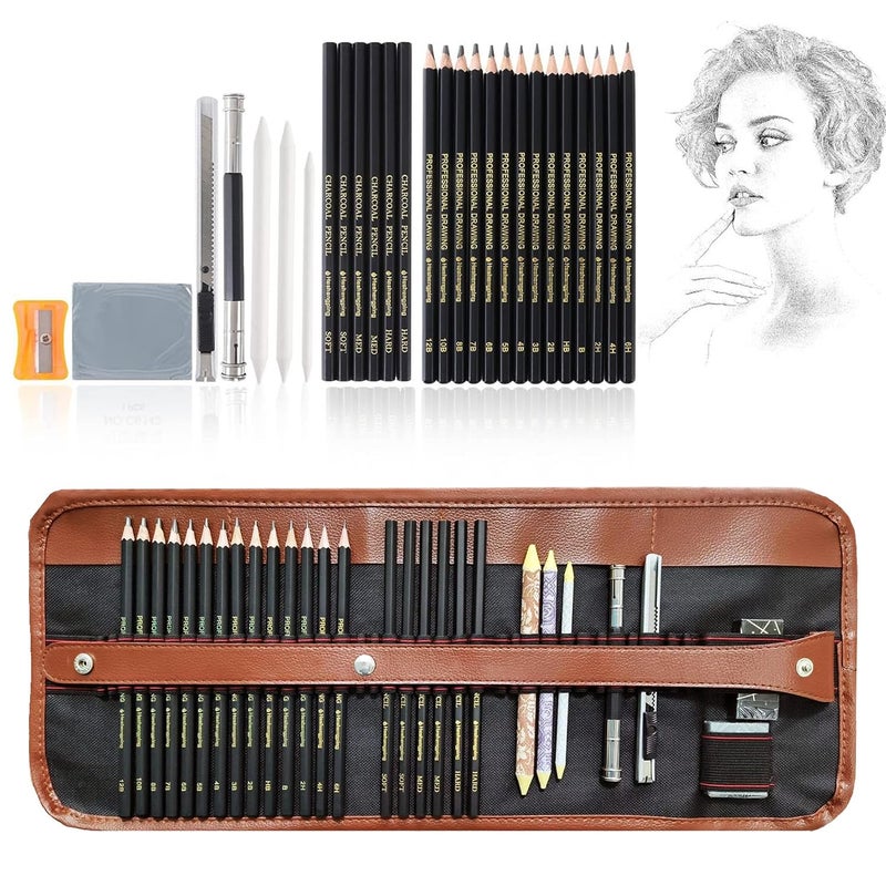 URBANFIX URBANFIX 29 Pieces Professional Sketching & Drawing Art Tool Kit with Graphite Pencils, Charcoal Pencils, Paper Erasable Pen, Craft Knife-Lightwish (with Canvas Rolling Pouch) - Image 1