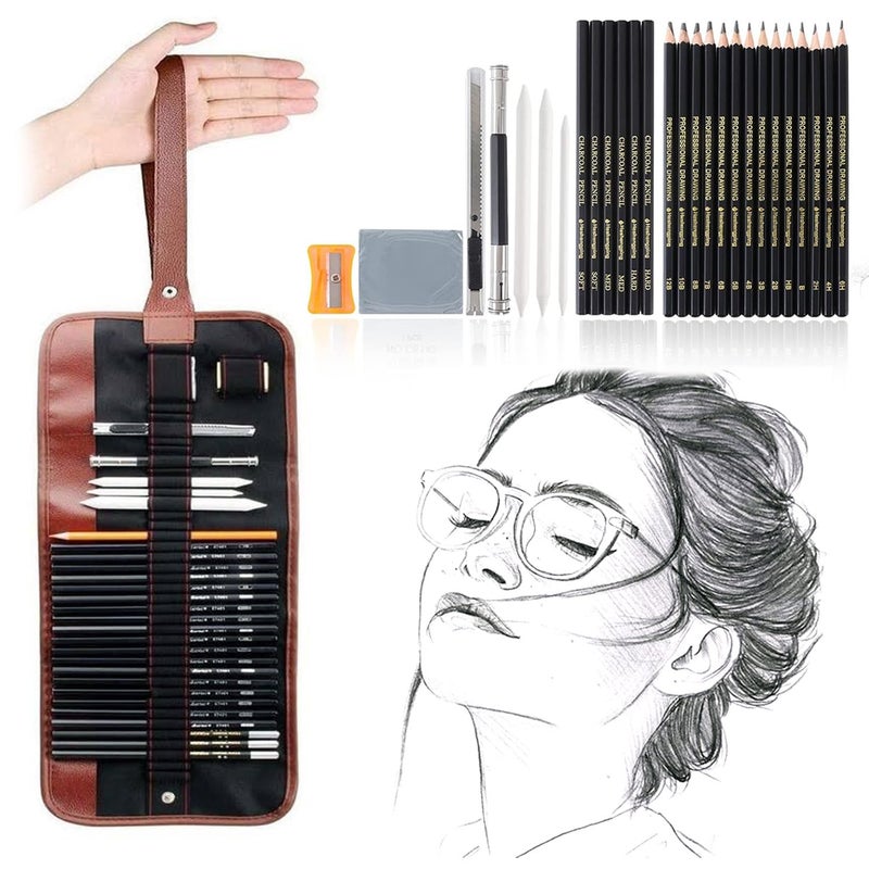 URBANFIX URBANFIX 29 Pieces Professional Sketching & Drawing Art Tool Kit with Graphite Pencils, Charcoal Pencils, Paper Erasable Pen, Craft Knife-Lightwish (with Canvas Rolling Pouch) - Image 2
