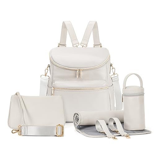 Minsong Diaper Bag Backpack, Fashion Leather Mommy Backpacks, Travel Baby Diaper Bags with in Bag Organizer and Changing Pad (Pearl White) - Image 1