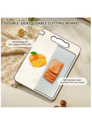 Stainless Steel Cutting Board, Chopping Board with Sharpening Block, Premium Stainless Steel Double-Sided Cutting Board | Scratch-Resistant Mesh Design | Durable Kitchen Essential, BPA Free, Non-Slip Silicone Edges | 304 Stainless Steel and Wheat Straw PP (14”×9.7”) - view 2