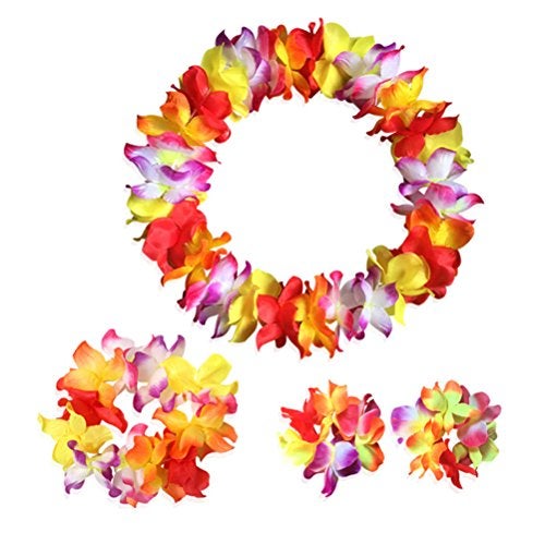 Arlai Hawaiian Luau Flower Necklace, Headband, and Bracelets Set - High Density Sewing Production, Assorted Colors, Perfect for Themed Parties, Costume Events, and Fancy Dress - Image 1