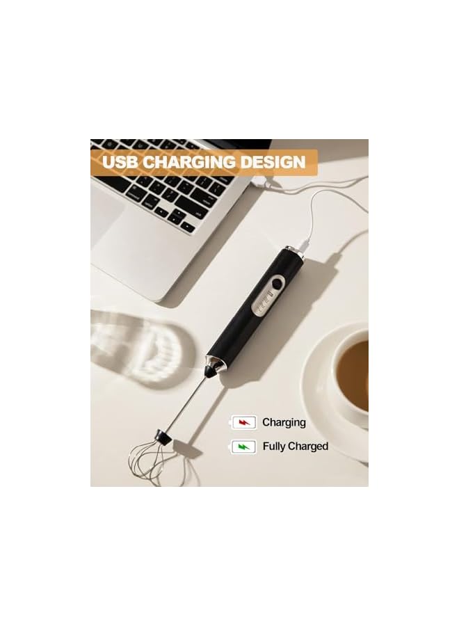 صانعة رغوة كهربائية قابلة لإعادة الشحن - خلاط يدوي لشيكولاتة الحليب ومشروبات، مع خفاقات من الستانلس ستيل، خلاط قابل للتعديل بسرعة 3 مستويات لعمل الكابتشينو (أسود) - Image 3