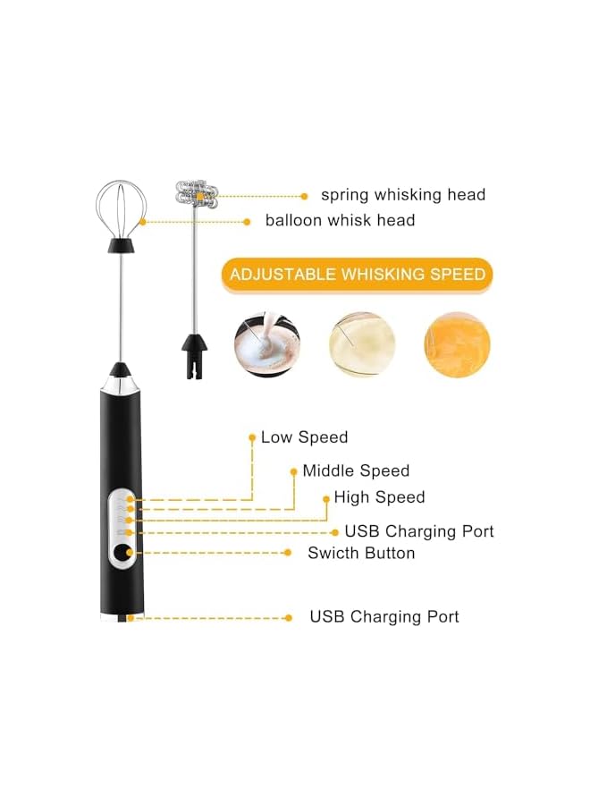 صانعة رغوة كهربائية قابلة لإعادة الشحن - خلاط يدوي لشيكولاتة الحليب ومشروبات، مع خفاقات من الستانلس ستيل، خلاط قابل للتعديل بسرعة 3 مستويات لعمل الكابتشينو (أسود) - Image 2