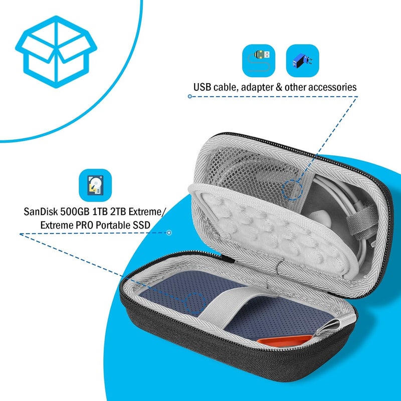 بروكاس حقيبة حمل صلبة من EVA من لمحرك الأقراص الصلبة الخارجي المحمول SanDisk Extreme Pro سعة 500GB 1TB 2TB ومحرك WD My Passport SSD الخارجي المحمول، حقيبة سفر واقية من الصدمات لحفظ التخزين (العلبة فقط) - أسود - Image 3