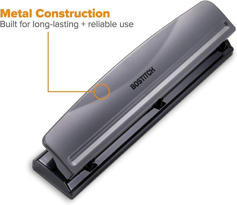 Bostitch Office Premium 3 Hole Punch, 12 Sheet Capacity, Metal, Rubber Base, Easy-Clean Tray, Silver, Gray - Image 3