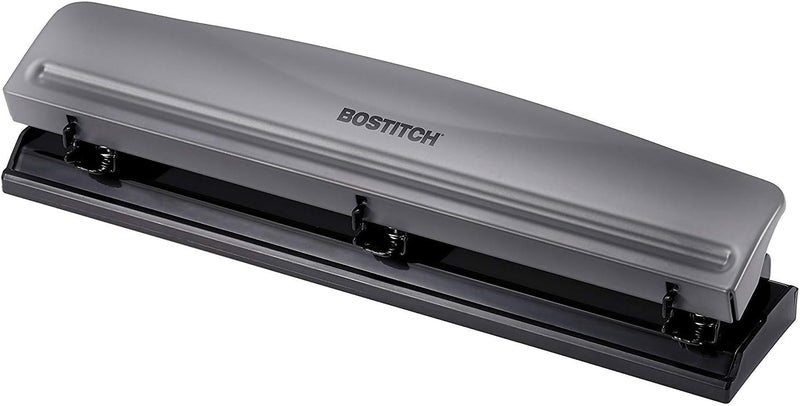Bostitch Office Premium 3 Hole Punch, 12 Sheet Capacity, Metal, Rubber Base, Easy-Clean Tray, Silver, Gray - Image 1