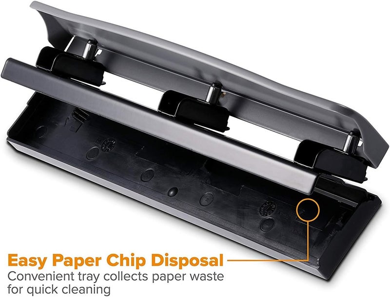 Bostitch Office Premium 3 Hole Punch, 12 Sheet Capacity, Metal, Rubber Base, Easy-Clean Tray, Silver, Gray - Image 4