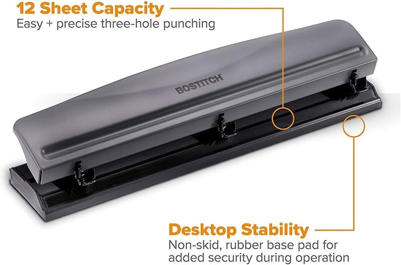 Bostitch Office Premium 3 Hole Punch, 12 Sheet Capacity, Metal, Rubber Base, Easy-Clean Tray, Silver, Gray - Image 2