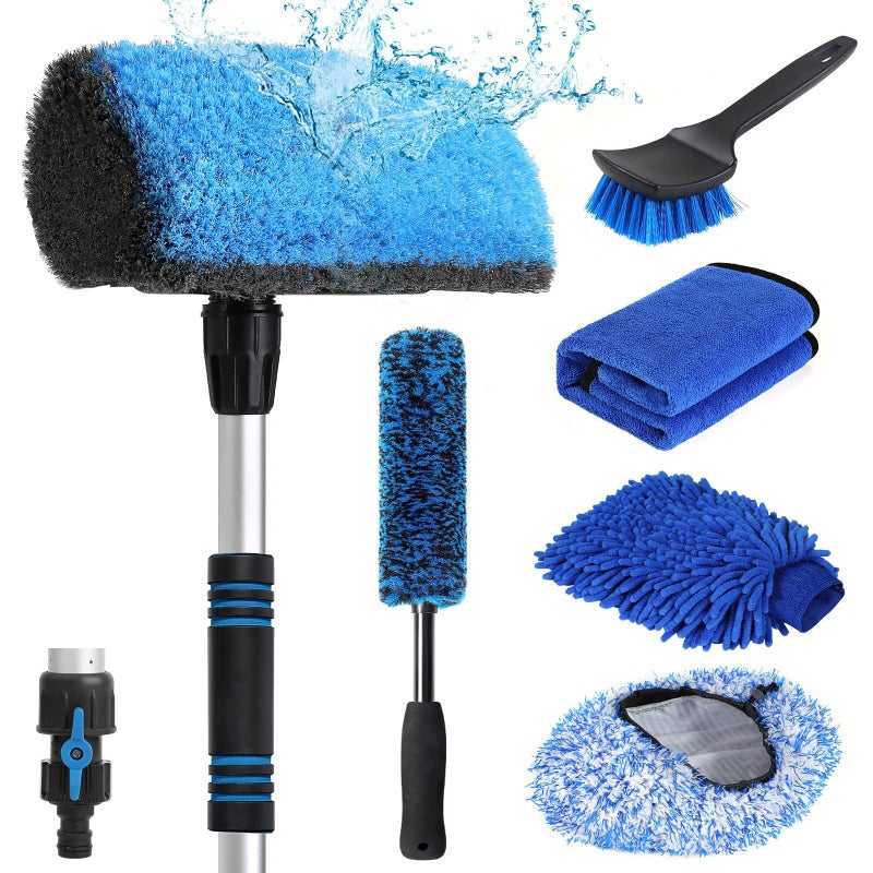 Wontolf 63'' Flow-Thru Car Wash Brush with Long Handle, Complete Soft Bristles Car Washing Brush Mop Kit, with Car Brush Head Cover, Wash Mitt, Towel, Wheel Tire Brush for Car, Truck, RV, House, Boat Cleaning - Image 1