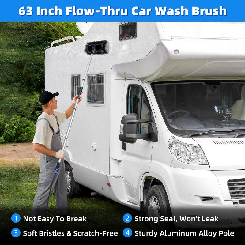 Wontolf 63'' Flow-Thru Car Wash Brush with Long Handle, Complete Soft Bristles Car Washing Brush Mop Kit, with Car Brush Head Cover, Wash Mitt, Towel, Wheel Tire Brush for Car, Truck, RV, House, Boat Cleaning - Image 2