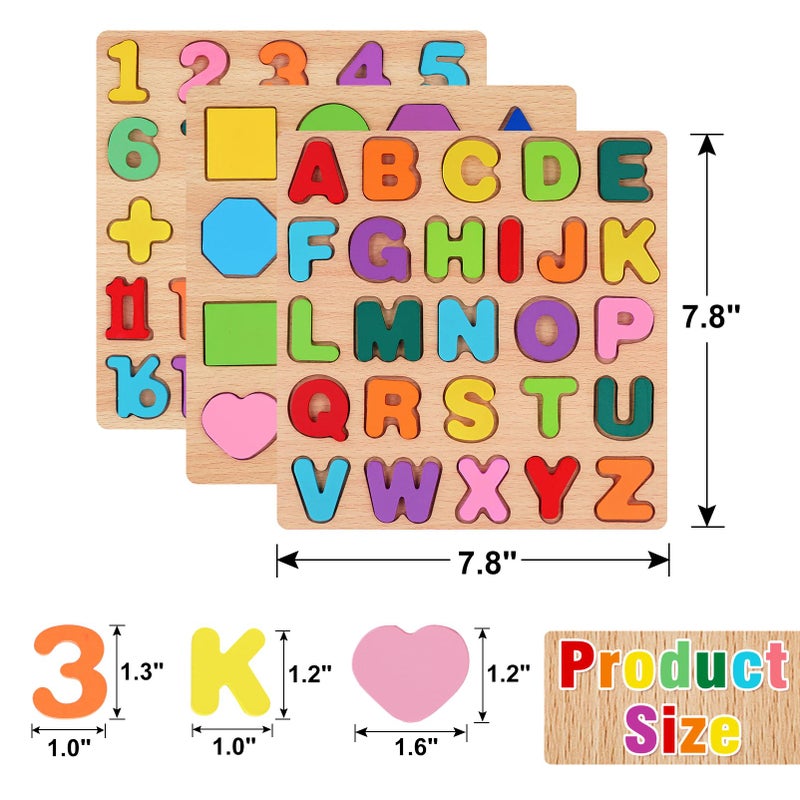 Attmu Wooden Puzzles for Toddlers 1 2 3 4 5 Year Old, Alphabet Number Puzzle Shape ABC Puzzle, 3 in 1 Preschool Educational Learning Toys with Puzzle Board for Girls Boys Set of 3 - Image 2