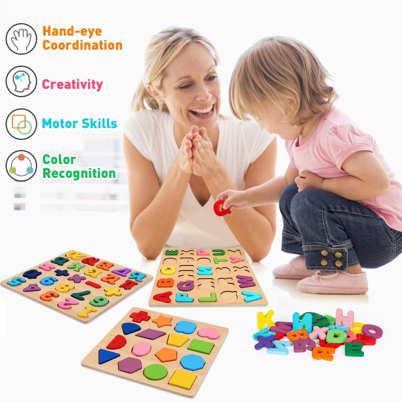 Attmu Wooden Puzzles for Toddlers 1 2 3 4 5 Year Old, Alphabet Number Puzzle Shape ABC Puzzle, 3 in 1 Preschool Educational Learning Toys with Puzzle Board for Girls Boys Set of 3 - Image 5
