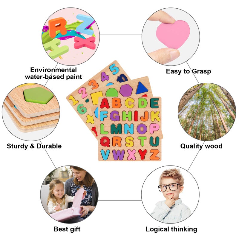 Attmu Wooden Puzzles for Toddlers 1 2 3 4 5 Year Old, Alphabet Number Puzzle Shape ABC Puzzle, 3 in 1 Preschool Educational Learning Toys with Puzzle Board for Girls Boys Set of 3 - Image 3