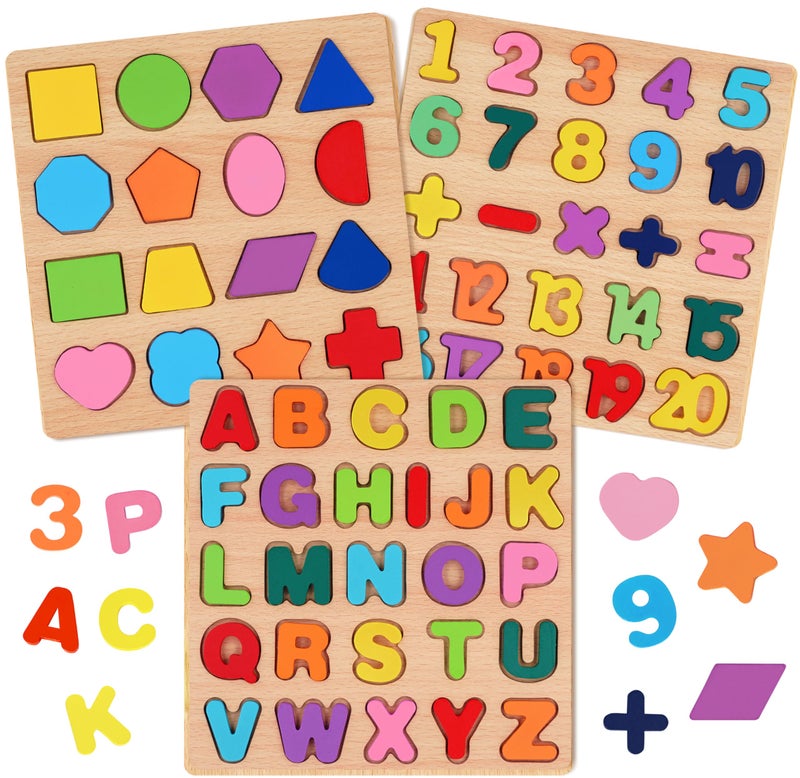 Attmu Wooden Puzzles for Toddlers 1 2 3 4 5 Year Old, Alphabet Number Puzzle Shape ABC Puzzle, 3 in 1 Preschool Educational Learning Toys with Puzzle Board for Girls Boys Set of 3 - Image 1