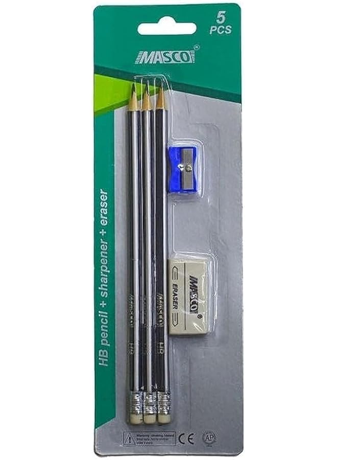 ماسكو 3613042 مجموعة أقلام رصاص Hb مكونة من 3 قطع مع مبراة وممحاة باللون الأسود