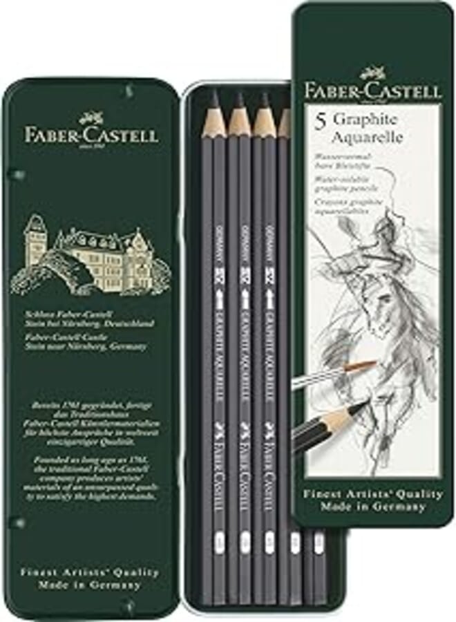 Faber-Castell F117805 5 Count (Pack of 1) Piece Quality Water-Soluble Graphite Aquarelle Pencils in a Tin, Including HB, 2B, 4B, 6B and 8B Grey