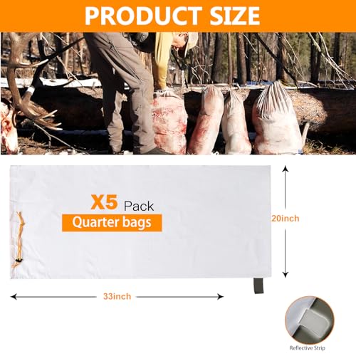 Qiullen Elk Quarter Meat Bags 5Pack 33 x 20 Heavy Duty Breathable Game Bags for Packing Out Deer AntelopeMoose Caribou Reusable with Reflective Strips - Image 3