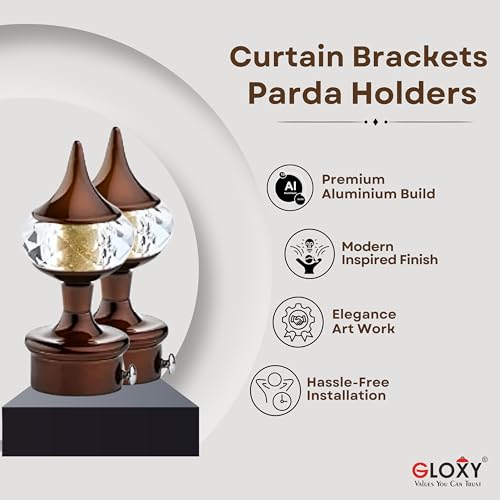 GLOXY ENTERPRISE Aluminium Single Diamond Curtain Brackets Parda Holders with Support Fittings 1 Inch Rod Pocket Finials Designer Door and Window (Coffee 4 Pair) - Image 2