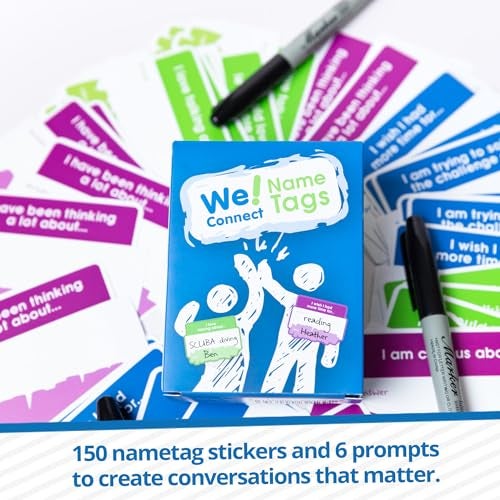 We! Connect Name Tag Stickers (150 PCS) - Easy-to-Write Name Stickers with Conversation Starters - Ideal for Networking, Ice Breakers & Adult Educational Team Building Games - Self-Adhesive Tags - Image 4