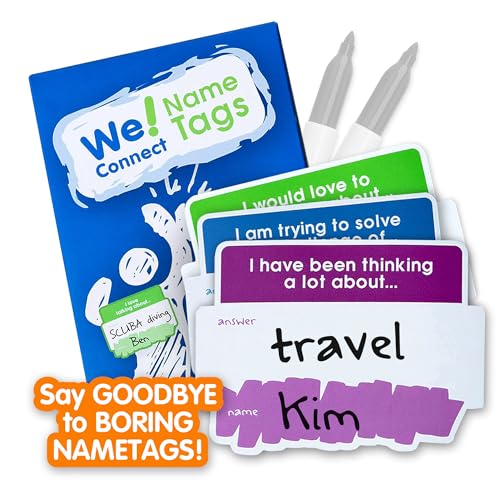 We! Connect Name Tag Stickers (150 PCS) - Easy-to-Write Name Stickers with Conversation Starters - Ideal for Networking, Ice Breakers & Adult Educational Team Building Games - Self-Adhesive Tags - Image 1