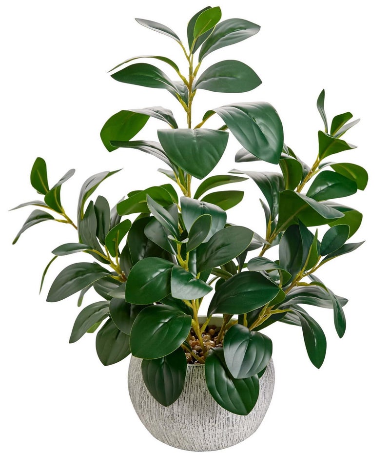 AlphaAcc 17.8 Inch Artificial Ficus Plant Potted Faux Greenery in Gray Round Vertical Striped Cement Planter with Pebbles Realistic Fake Plant for Indoor Modern Home Kitchen Living Room Office Decor - Image 1