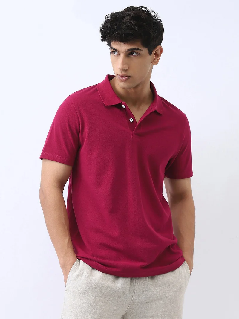 أوربانو فاشن Urbano Fashion Men's Wine Solid Regular Fit Half Sleeve Cotton Polo T-Shirt