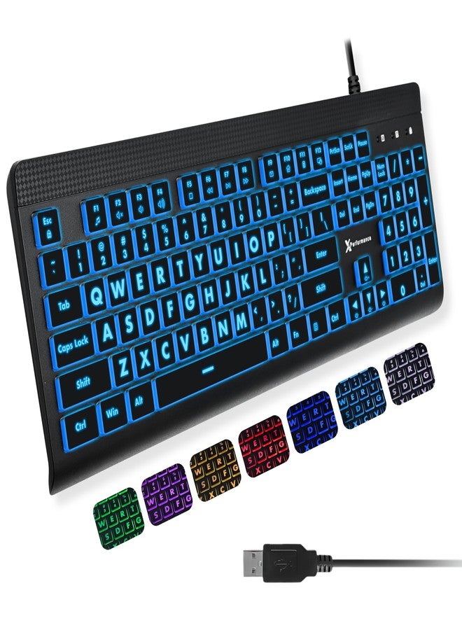 X9 Performance X9 Large Print Backlit Computer Keyboard - Easy to See Big Letters - Lighted USB Wired Keyboard with 7-Colors Backlight LED, Full Size Oversized Light Up Keyboard for Windows, PC, Laptop, Desktop - Image 1