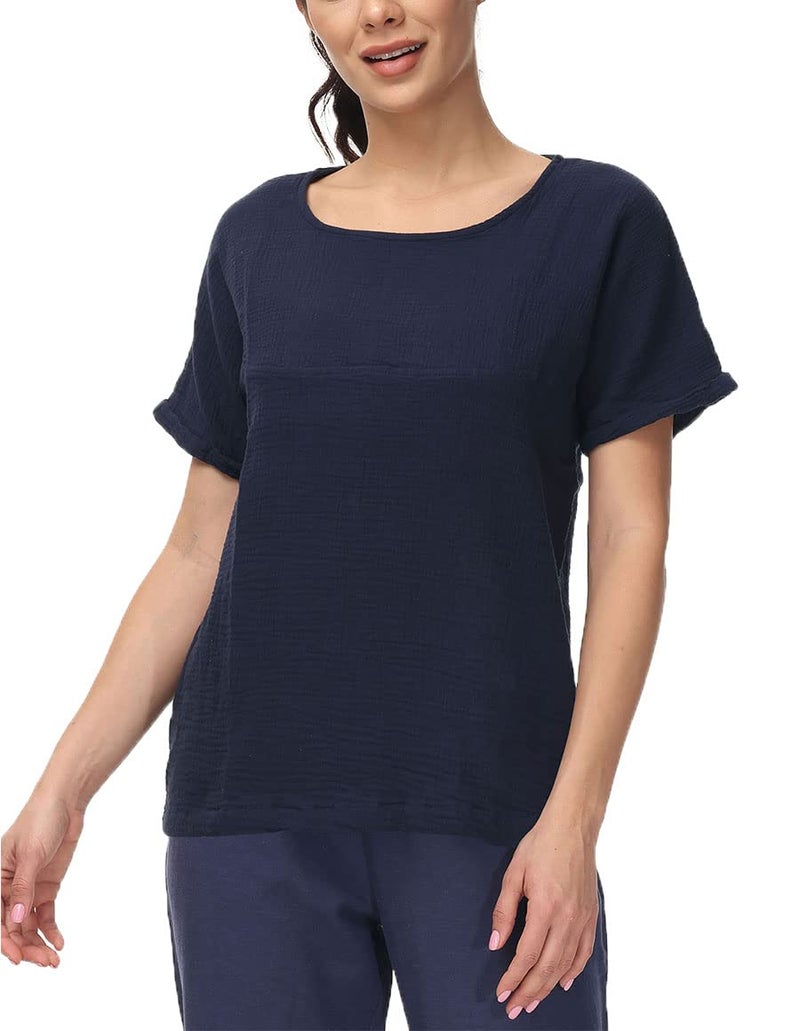 Soojun Women's Cotton Linen Round Collar Boxy Top Patchwork Blouses Navy, Medium - Image 4