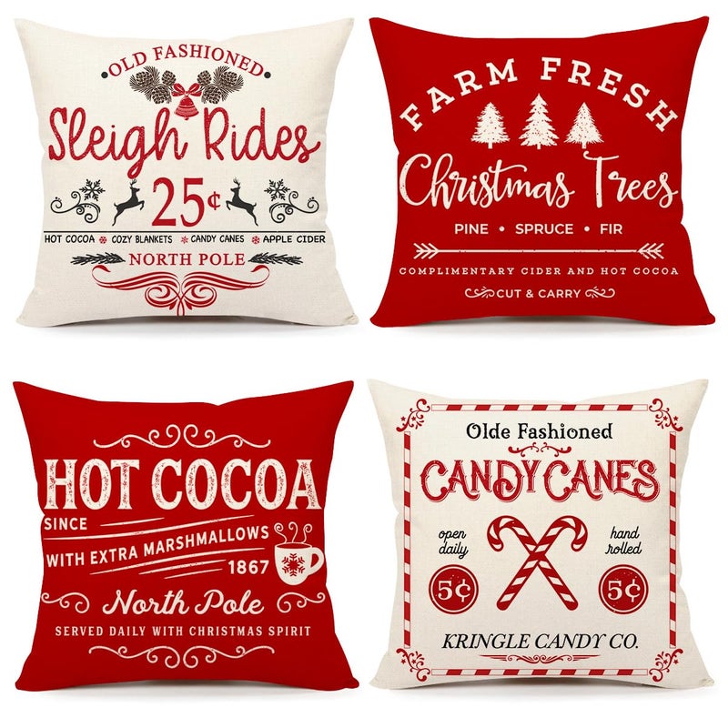 4TH Emotion Farmhouse Christmas Pillow Covers 20x20 Set of 4 Winter Holiday Decorations Xmas Red White Rustic Throw Cushion Case for Sofa Couch Home Decor Sleigh Rides Farm Fresh Tree Cocoa Candy Canes