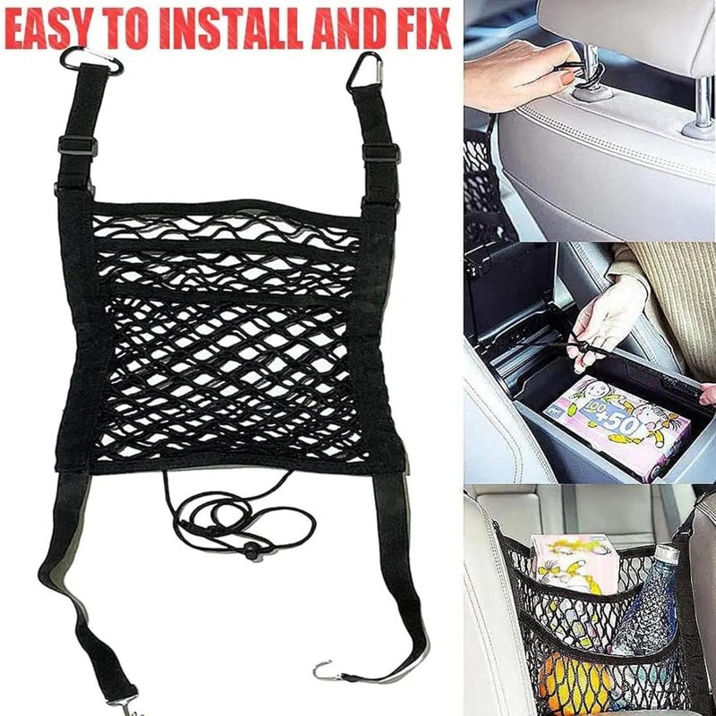 TASMAX car mesh Organizer car mid net Between car Front Seats car Storage Accessories Interior car seat net Holder Barrier of Backseat Pet Kids,Cargo Tissue Purse Holder,Driver Storage Netting Pouch - Image 3