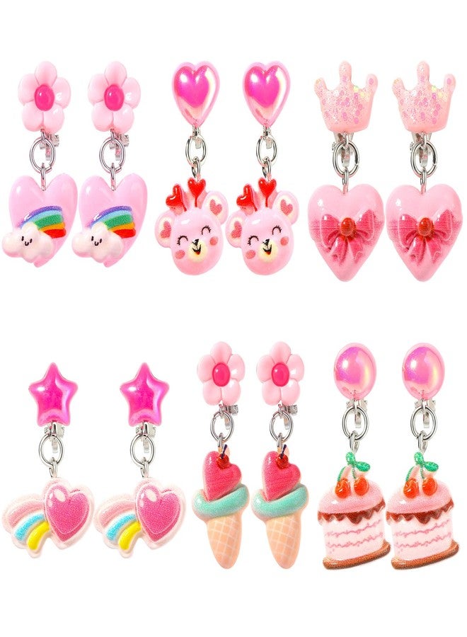 PinkSheep Clip On Earrings for Little Girls, Bling Rainbow Earrings for Kids Party Favor Pink Heart - Image 1