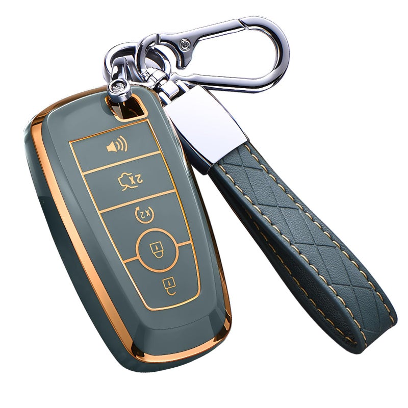 غطاء مفتاح كاكاسار لفورد مع سلسلة مفاتيح لسيارات إكسبلورر وبرونكو وإسكيب وإيدج وإكسبيديشن ومصطنع F150 وفيوجن ورينجر ولينكولن حماية كاملة من TPU الناعم